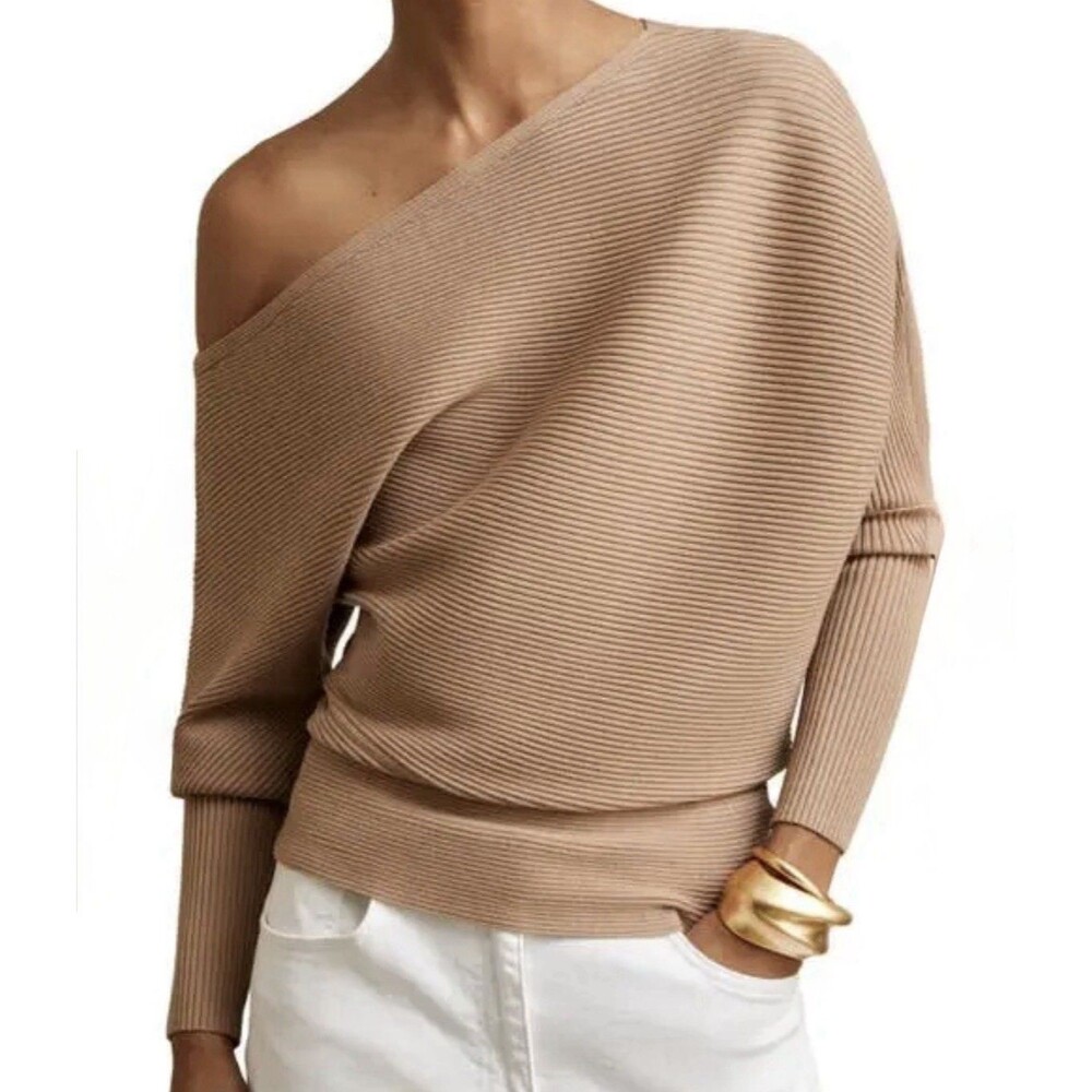 REISS Lorna Off the Shoulder Camel Ribbed Asymmetrical Sweater Women's Sz Med